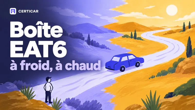 Illustration : une voiture sur une route qui passe du froid au chaud, regardée par un acheteur