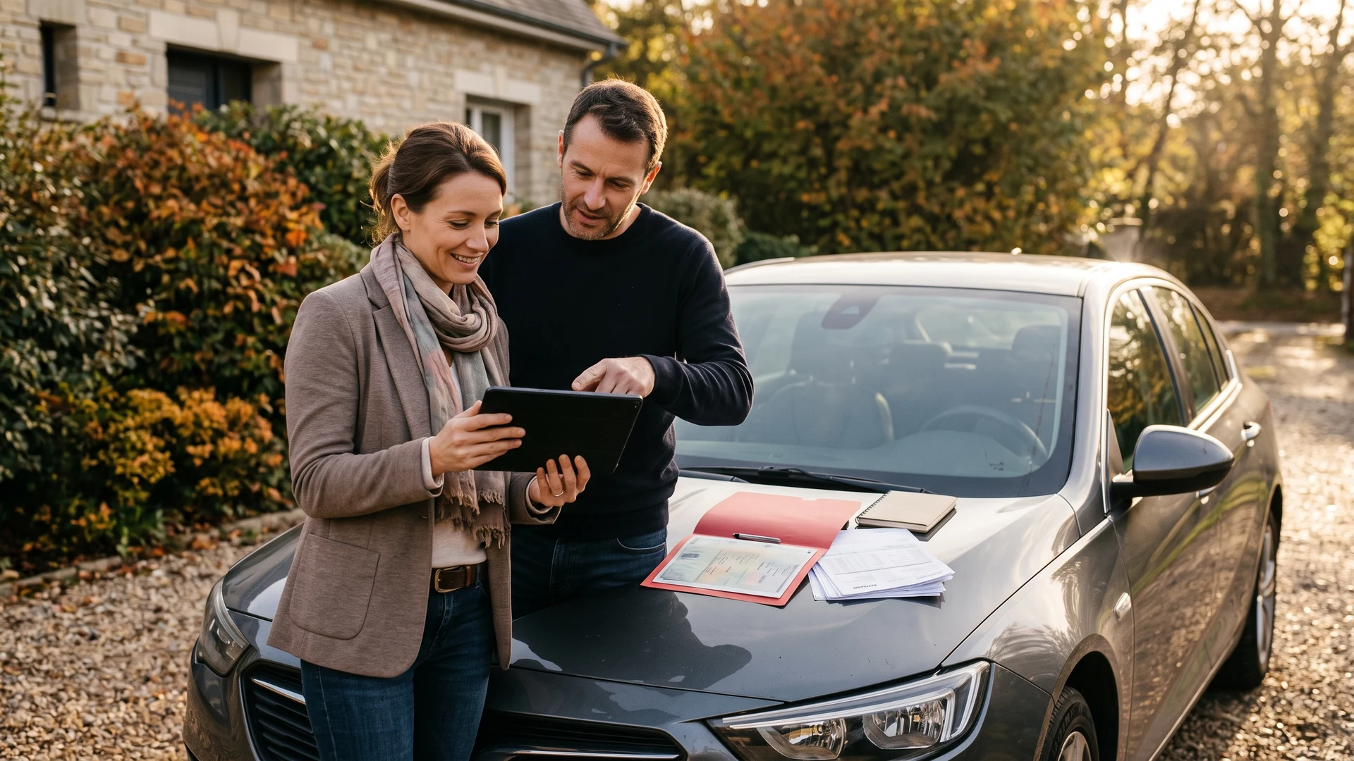 Acheteuse et vendeur consultant l'historique d'une voiture d'occasion