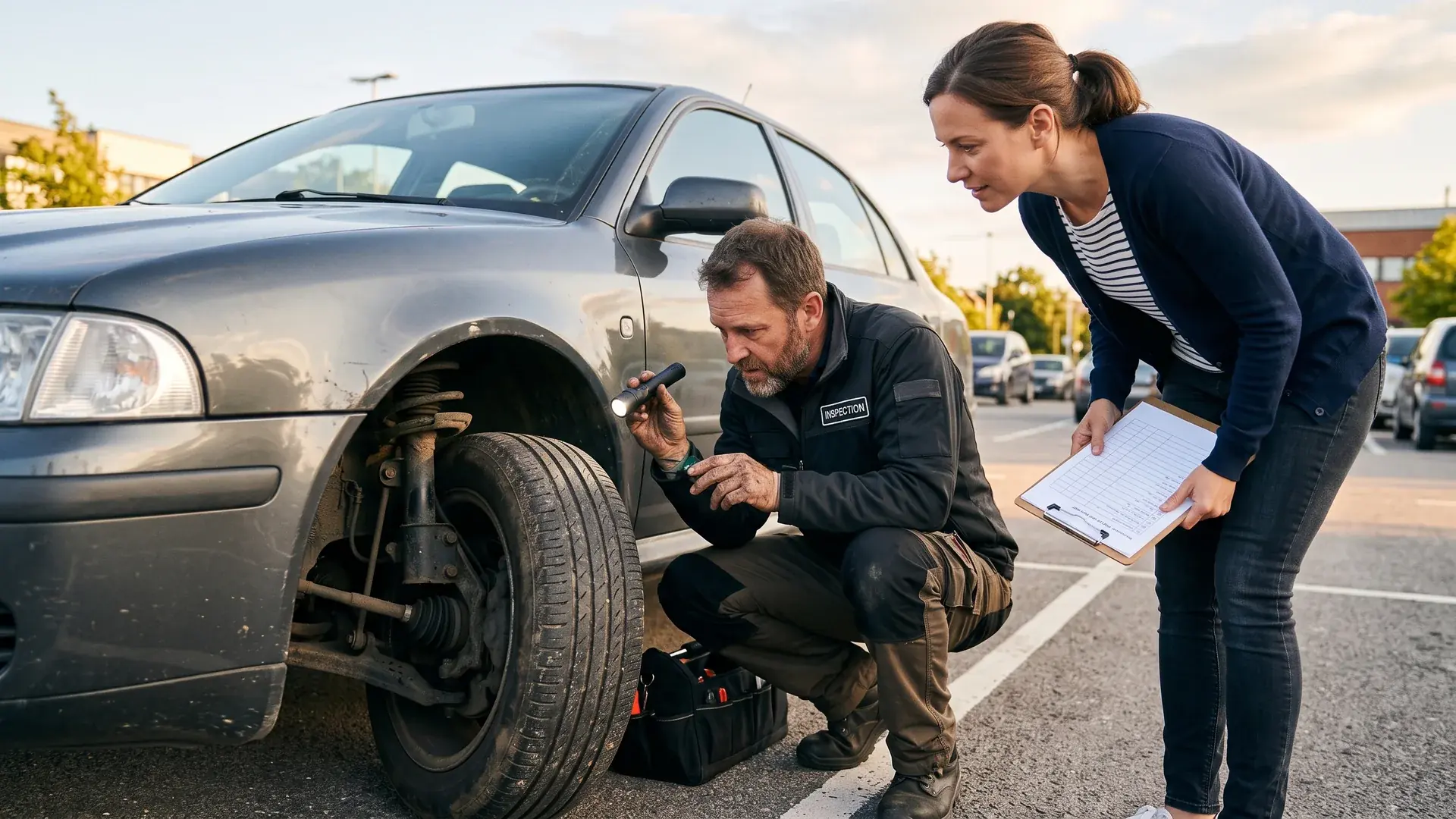 Inspecteur vérifiant les amortisseurs d'une voiture d'occasion avant achat