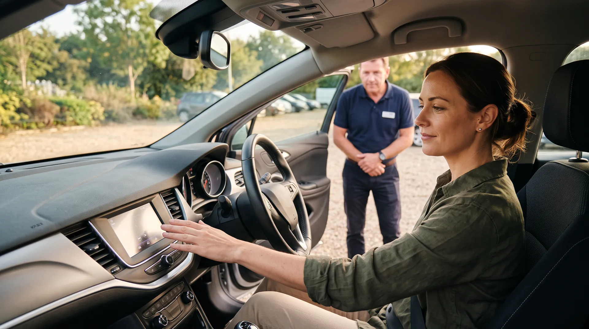 Acheteuse vérifiant la climatisation d'une voiture d'occasion avant achat