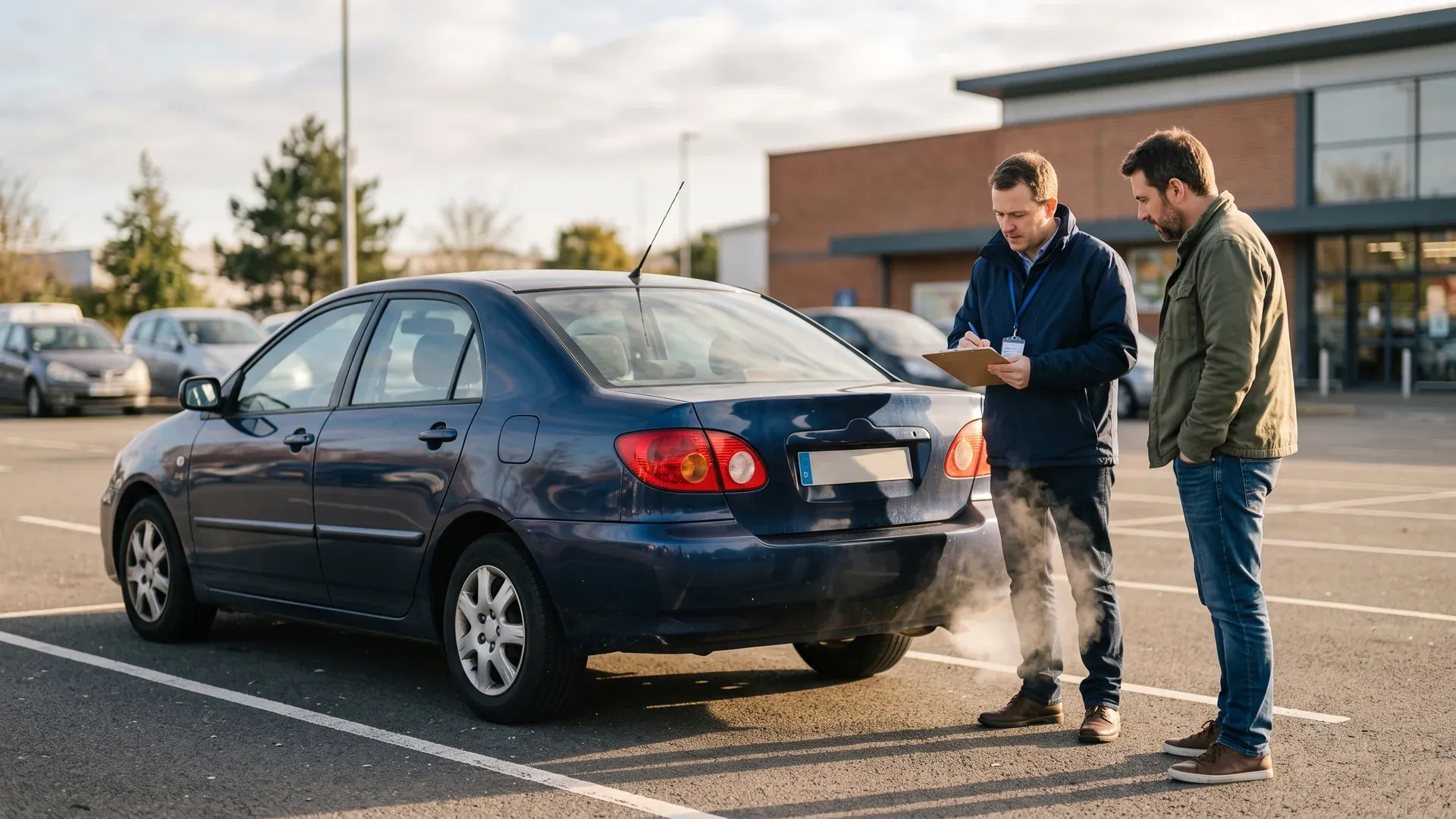 Acheteur et inspecteur observant l'échappement d'une voiture d'occasion au démarrage à froid