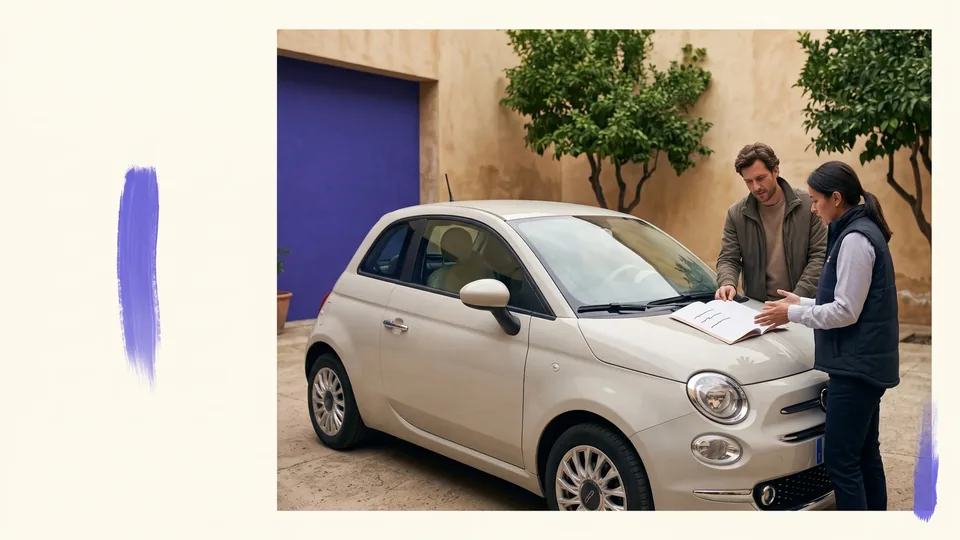Deux personnes consultent les papiers d’une voiture d’occasion posés sur son capot.