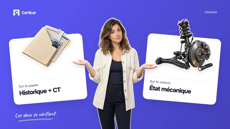 Acheteuse comparant un rapport HistoVec et un dossier mécanique avant l’achat d’une voiture d’occasion.