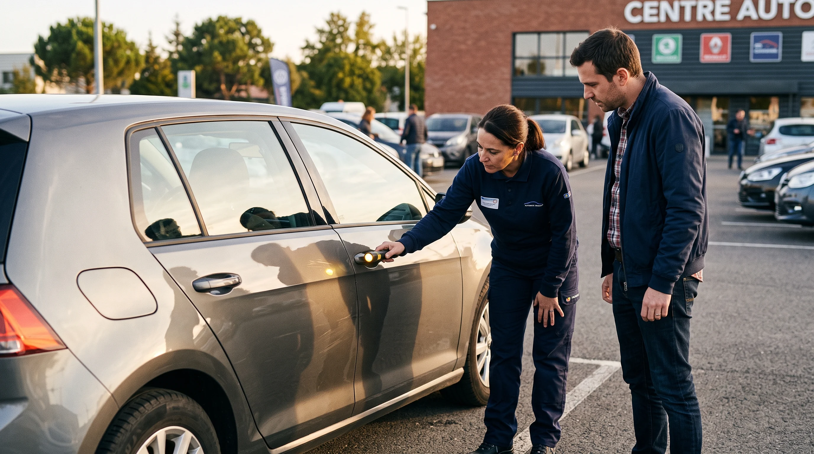 Acheteur et inspectrice examinant la carrosserie d'une voiture d'occasion