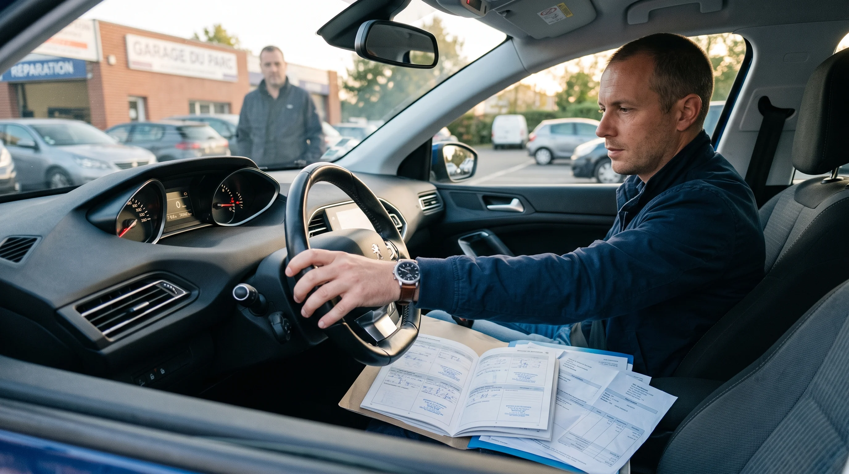 Acheteur vérifiant le kilométrage et les documents d'une voiture d'occasion