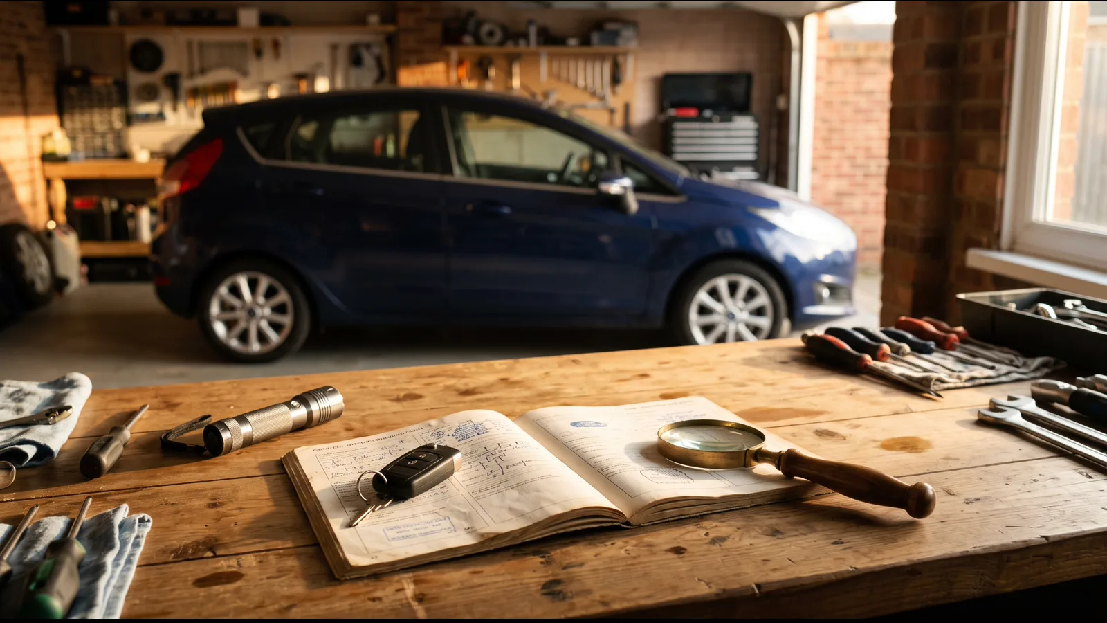 Dossier d’entretien, loupe et clé préparés pour vérifier un moteur 1.0 EcoBoost d’occasion