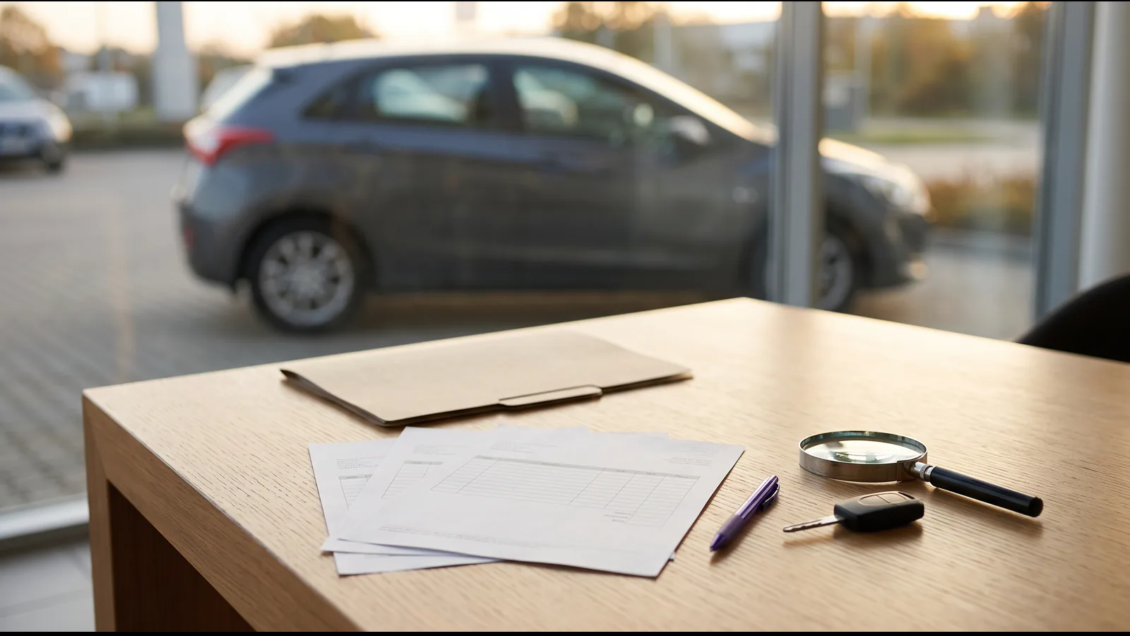 Dossier d'entretien, loupe et clé préparés pour vérifier un moteur 1.2 TCe d'occasion