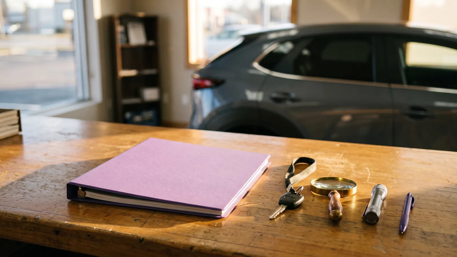 Dossier, clé, loupe et lampe préparés pour vérifier une voiture équipée du moteur 1.3 TCe