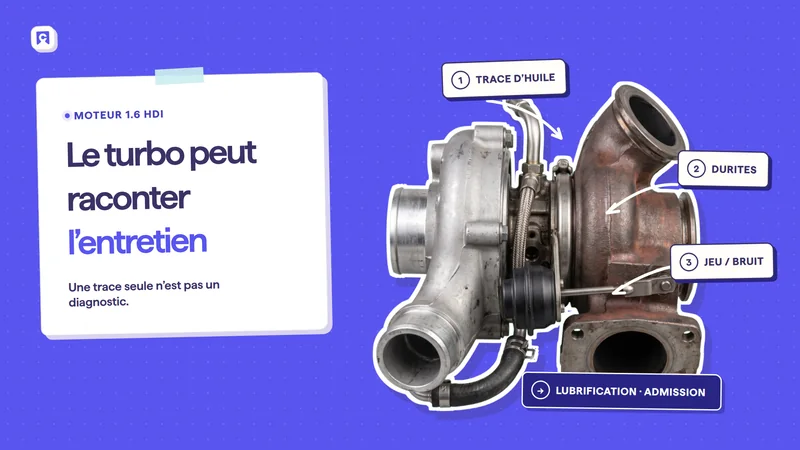 Turbo annoté pour vérifier l’entretien d’un moteur 1.6 HDi d’occasion.
