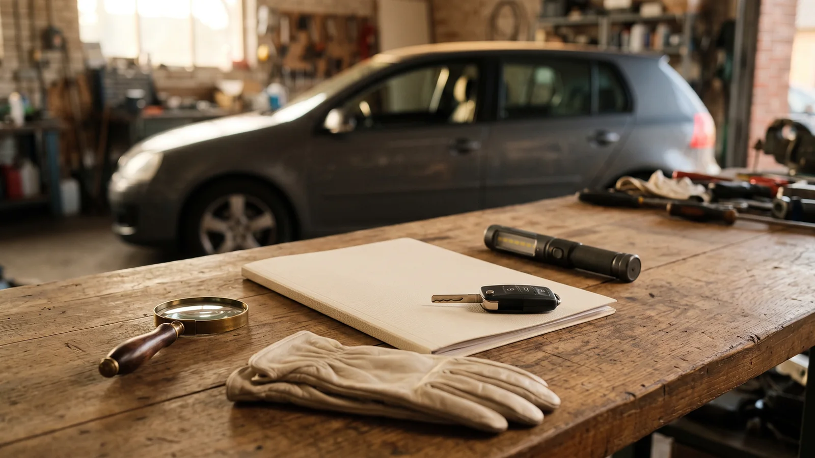 Dossier vierge, clé, loupe et outils préparés pour vérifier un moteur 1.6 TDI d'occasion