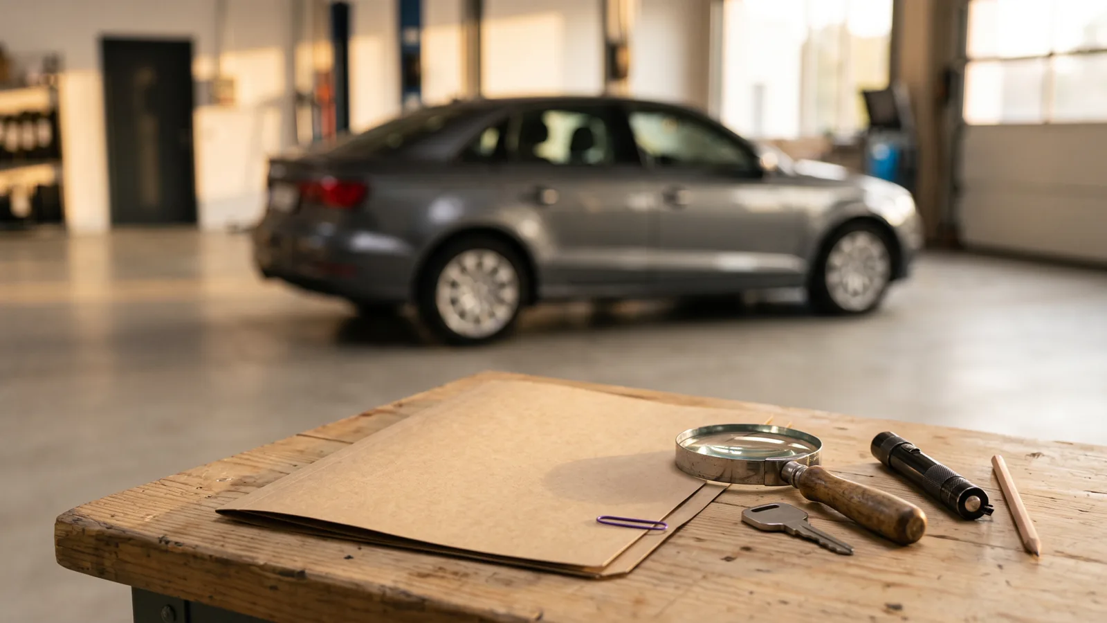 Dossier d'entretien, loupe et clé préparés pour vérifier une voiture 1.6 THP d'occasion