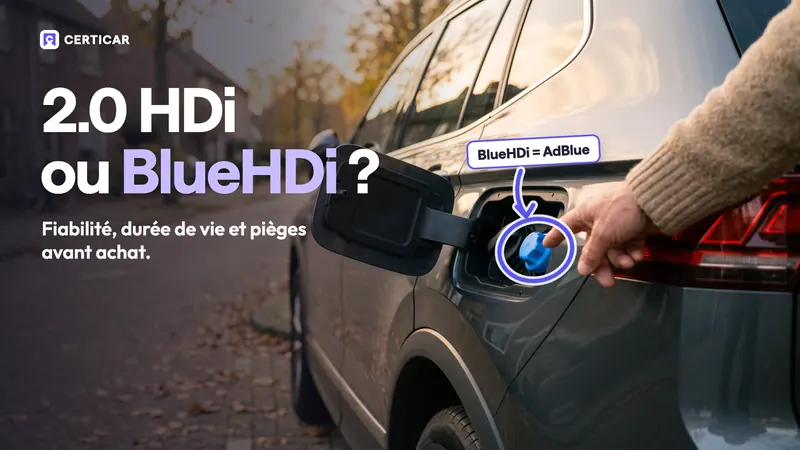 « 2.0 HDi ou BlueHDi ? » : trappe à carburant ouverte d’un SUV diesel, le bouchon bleu d’AdBlue entouré, montré du doigt à côté du bouchon de gazole.