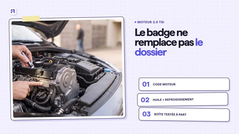 Inspection d’un moteur 2.0 TSI avec trois preuves à recouper avant achat.