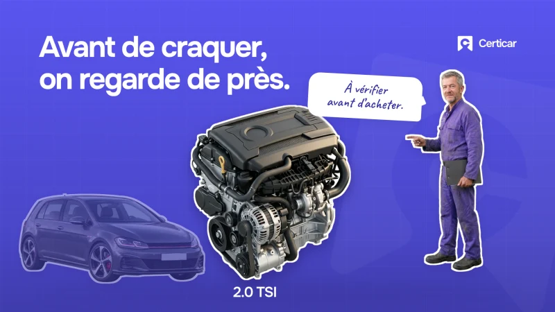 Le moteur au premier plan, accompagné de l’inspecteur Certicar sur fond violet quadrillé.