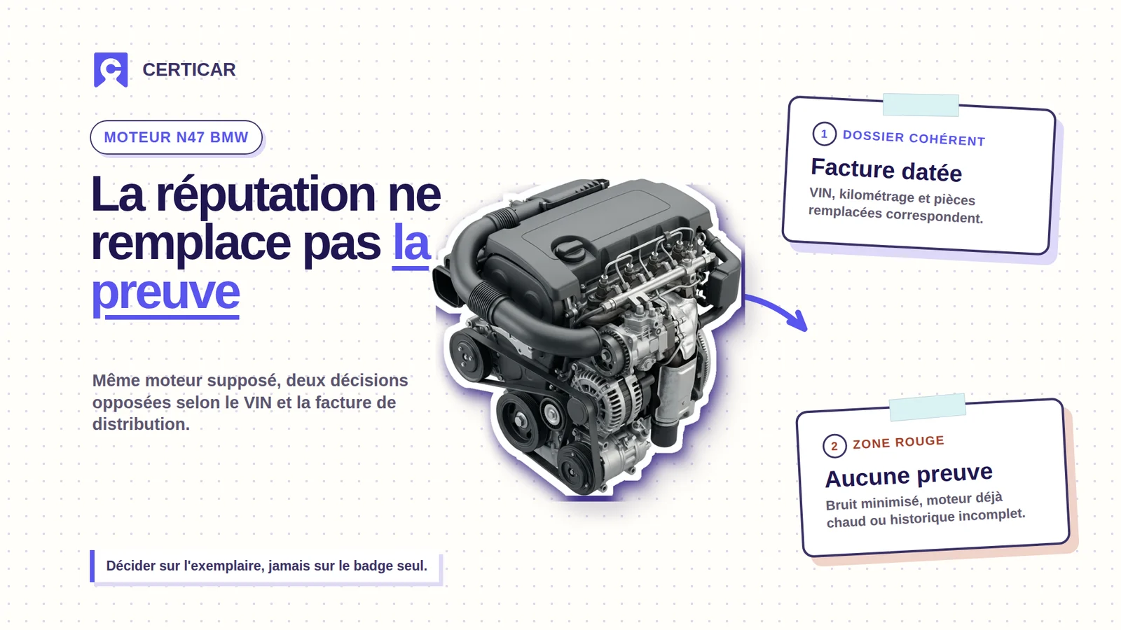 Moteur diesel détouré entre une facture datée et un dossier sans preuve, sur un tableau de diagnostic Certicar