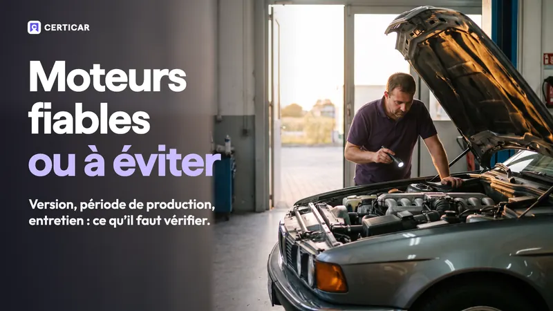 « Moteurs fiables ou à éviter » : dans un atelier, un technicien éclaire à la lampe le moteur d'une berline d'occasion, capot ouvert.