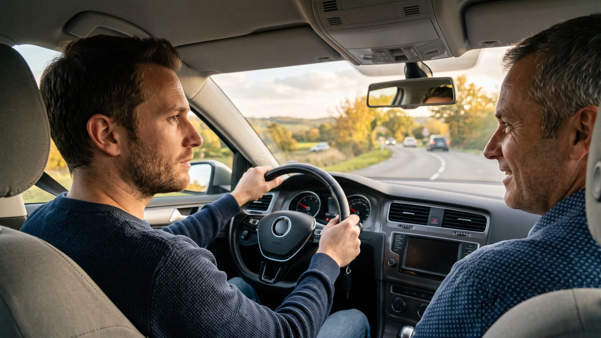 Acheteur réalisant le test routier d'une voiture d'occasion