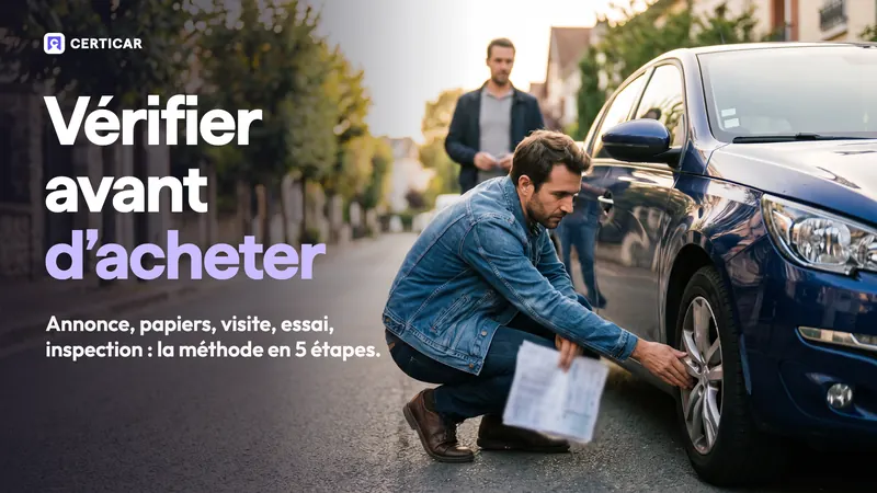 « Vérifier avant d'acheter » : un acheteur accroupi près de la roue avant d'une berline d'occasion, des papiers à la main, le vendeur en retrait.