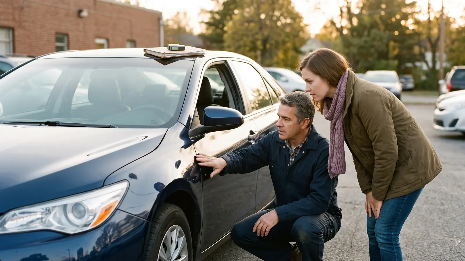 Acheteuse et inspecteur comparant les reflets de carrosserie d'une voiture d'occasion