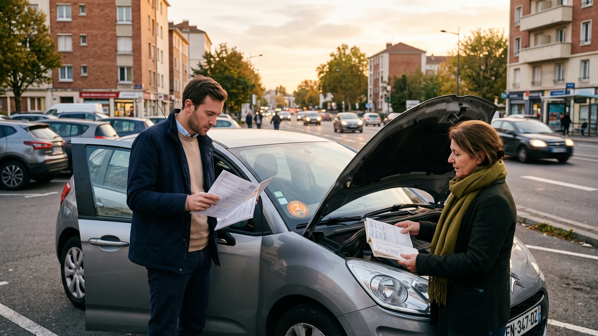 Acheteur vérifiant les documents d'une voiture diesel d'occasion en Île-de-France