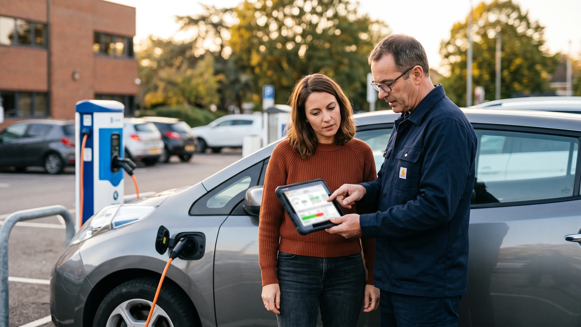 Acheteuse et inspecteur vérifiant la batterie d'une voiture électrique d'occasion