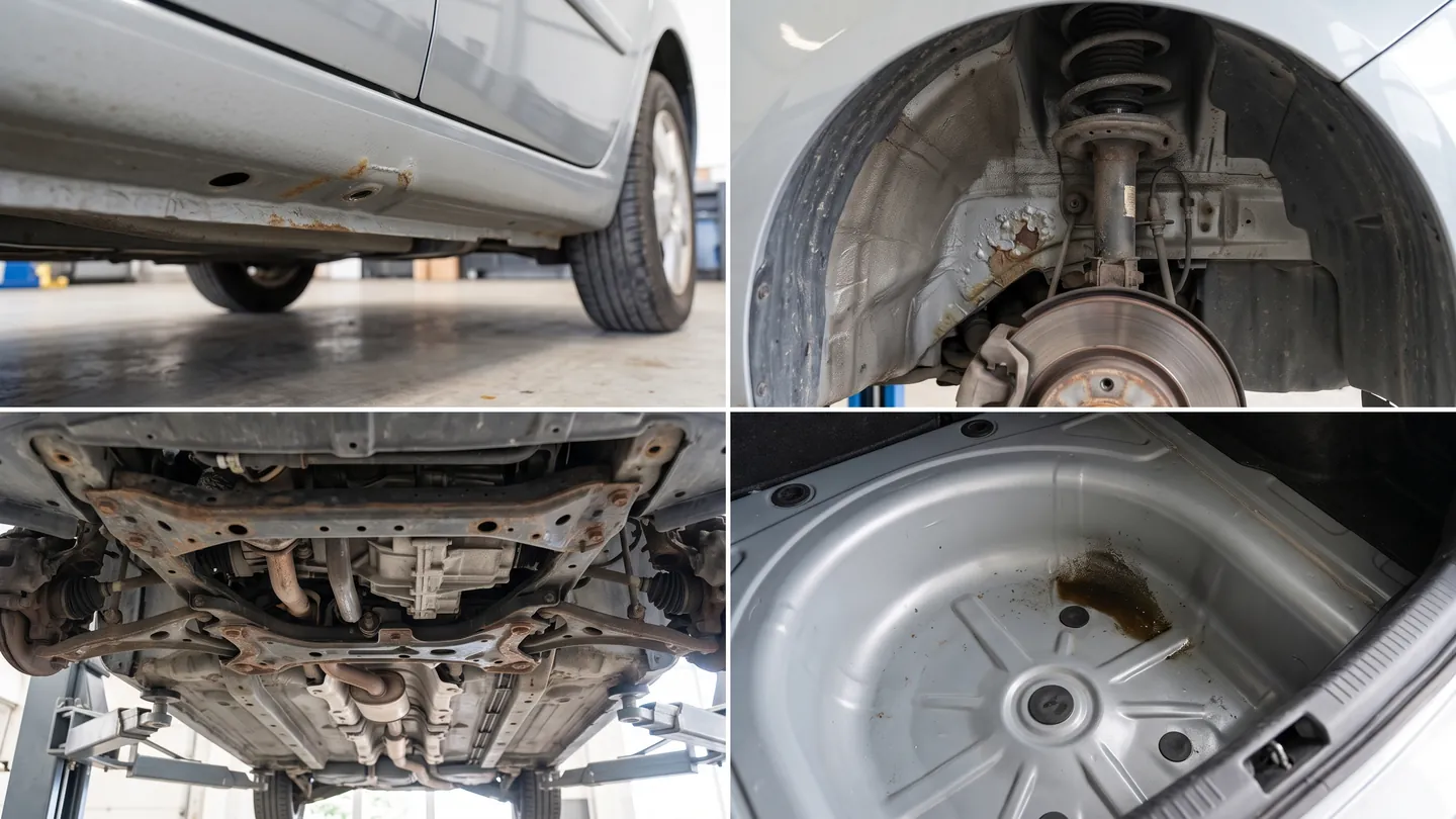 Atlas en quatre photos montrant un bas de caisse, un passage de roue, un dessous de caisse et un logement de roue de secours à contrôler pour la corrosion