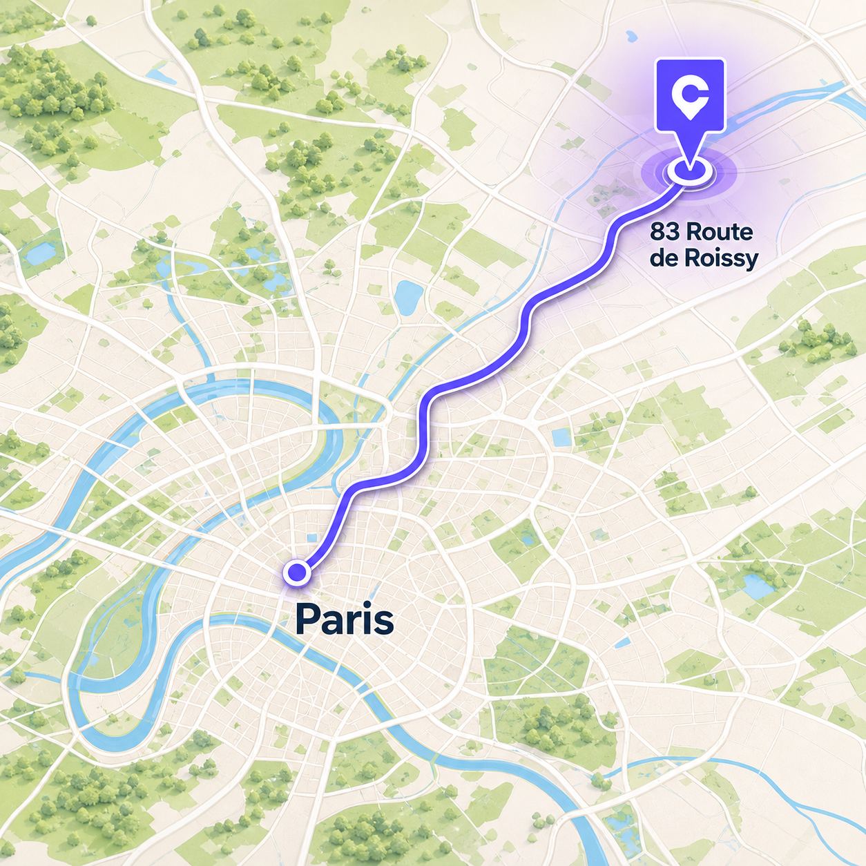 Carte marketing montrant le trajet entre Paris et le centre Certicar au 83 Route de Roissy