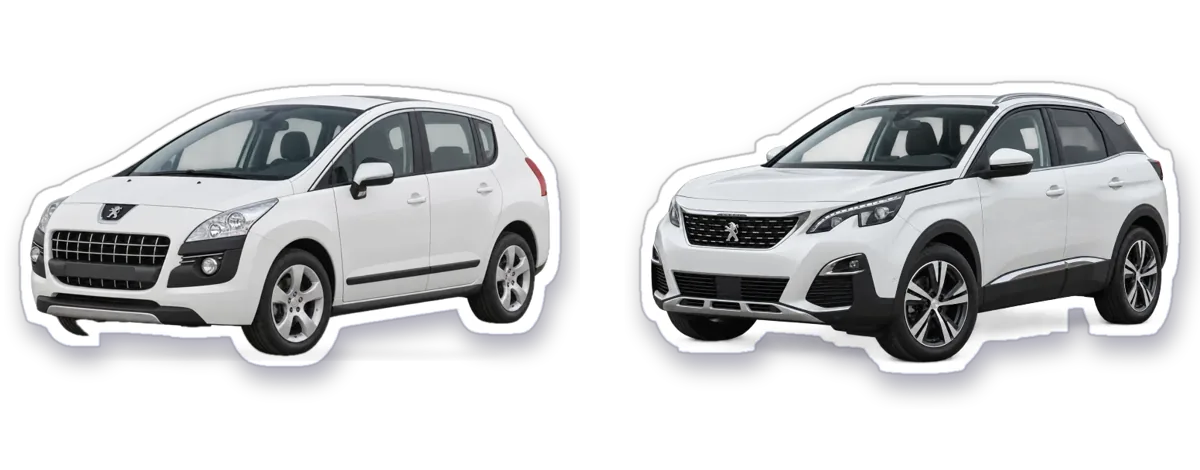 Peugeot 3008 de première génération à gauche et de deuxième génération à droite, en stickers détourés