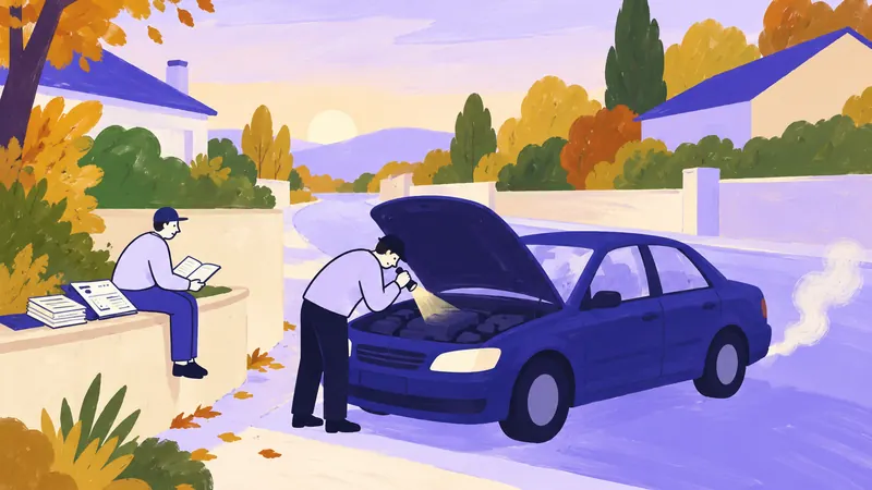 Peinture : à l'aube, un acheteur écoute le moteur d'une berline capot ouvert, factures et carnet d'entretien posés sur le muret.