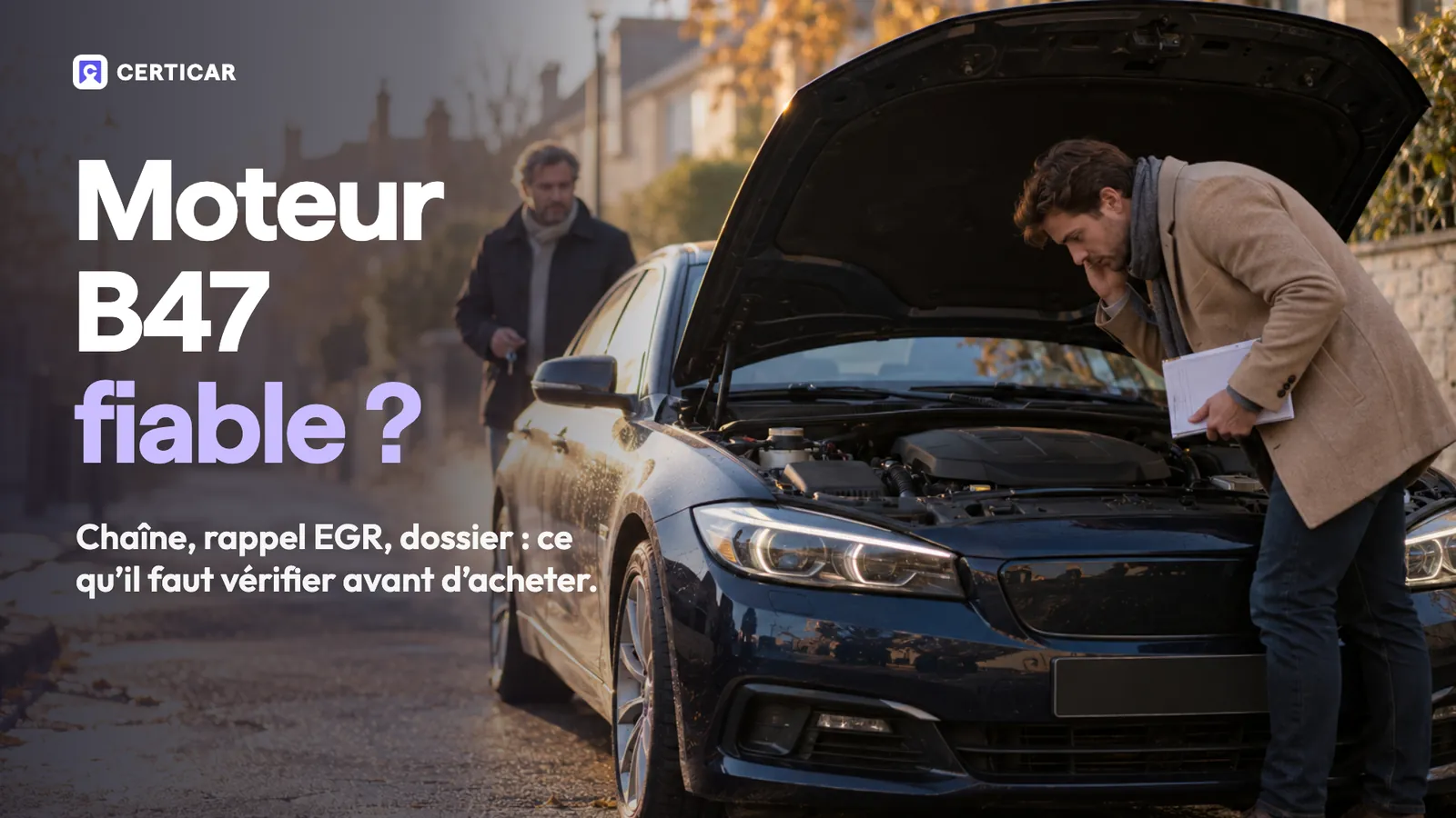 Petit matin dans une rue résidentielle : un acheteur penché sur le moteur d'une berline diesel bleu nuit écoute le démarrage à froid, un dossier de factures à la main.