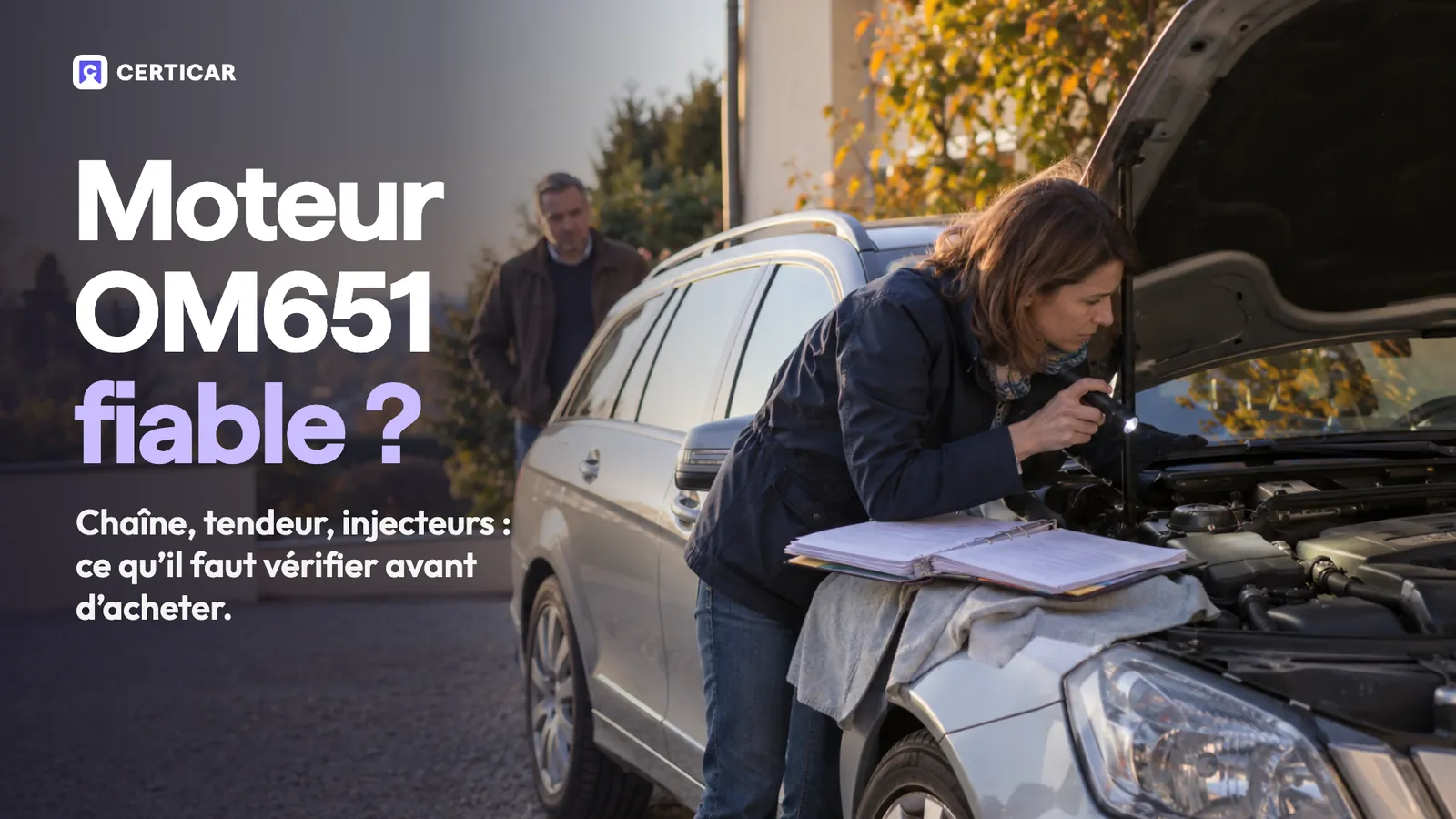 Acheteuse penchée à la lampe sur le moteur d'un break diesel capot ouvert, avec le titre « Moteur OM651 fiable ? »
