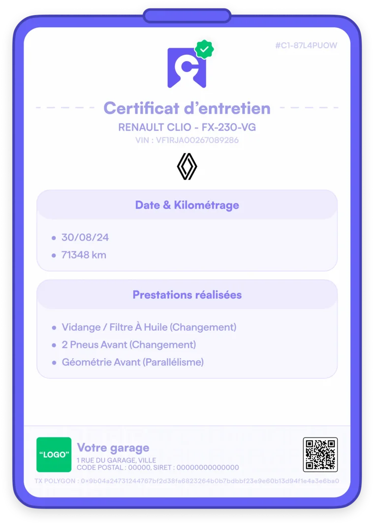 Certificat d'entretien Certicar affiché dans l'application
