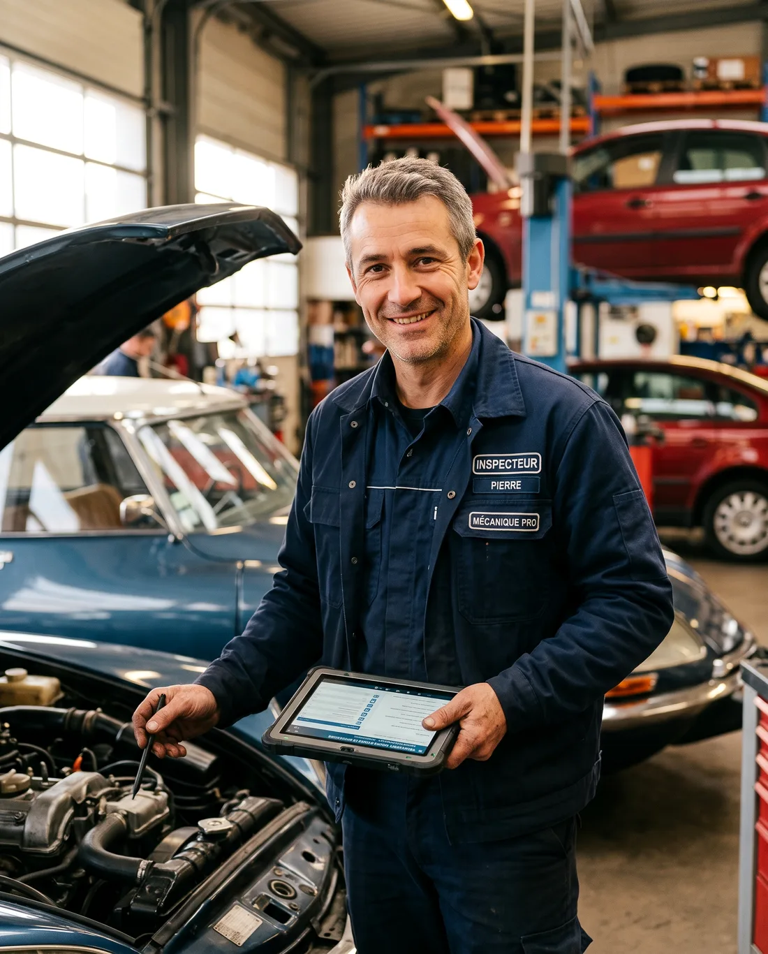 Un mécanicien d'un garage partenaire Certicar vérifie l'entretien d'un véhicule