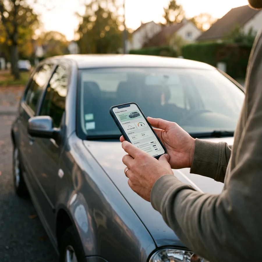 Un automobiliste consulte le certificat de sa voiture dans l'app Certicar